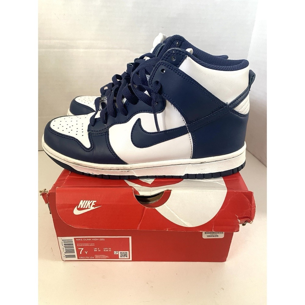 Nike Dunk High GS Sneaker White Midnight Navy Leather Unisex Youth Size 7Y